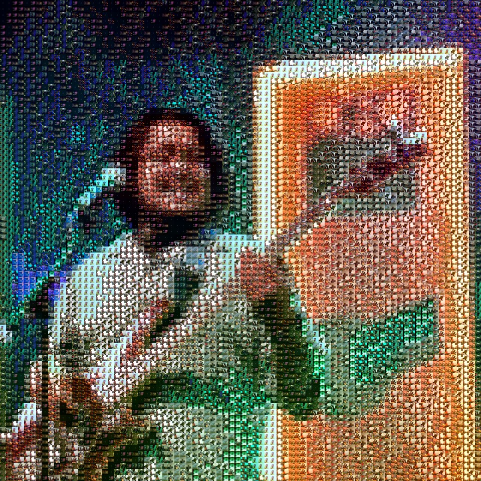A portrait of Adnin on bass made of tiles from his 30 cover videos